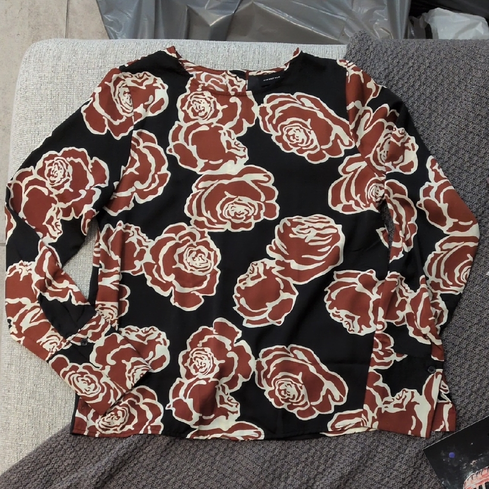 Floral Long Sleeve Women's Top - Black and Brown